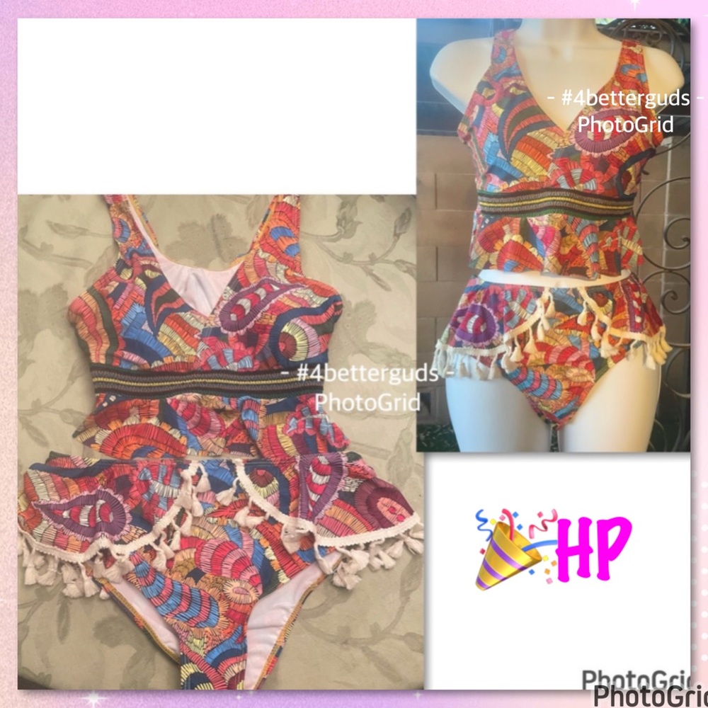 New Tankini Ruffle Colorful Abstract Graphic Boho Print Tassel Swimsuit Medium - Picture 1 of 16